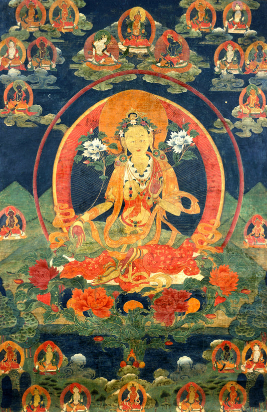 White Tara Thangka with Lotus Offerings
